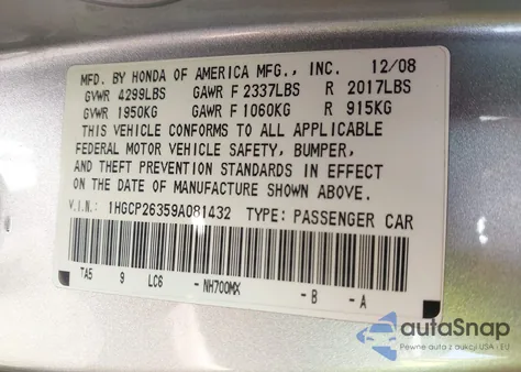 2009 Honda Accord 2.4 Lx из США, поврежденный, VIN 1HGCP26359A081432